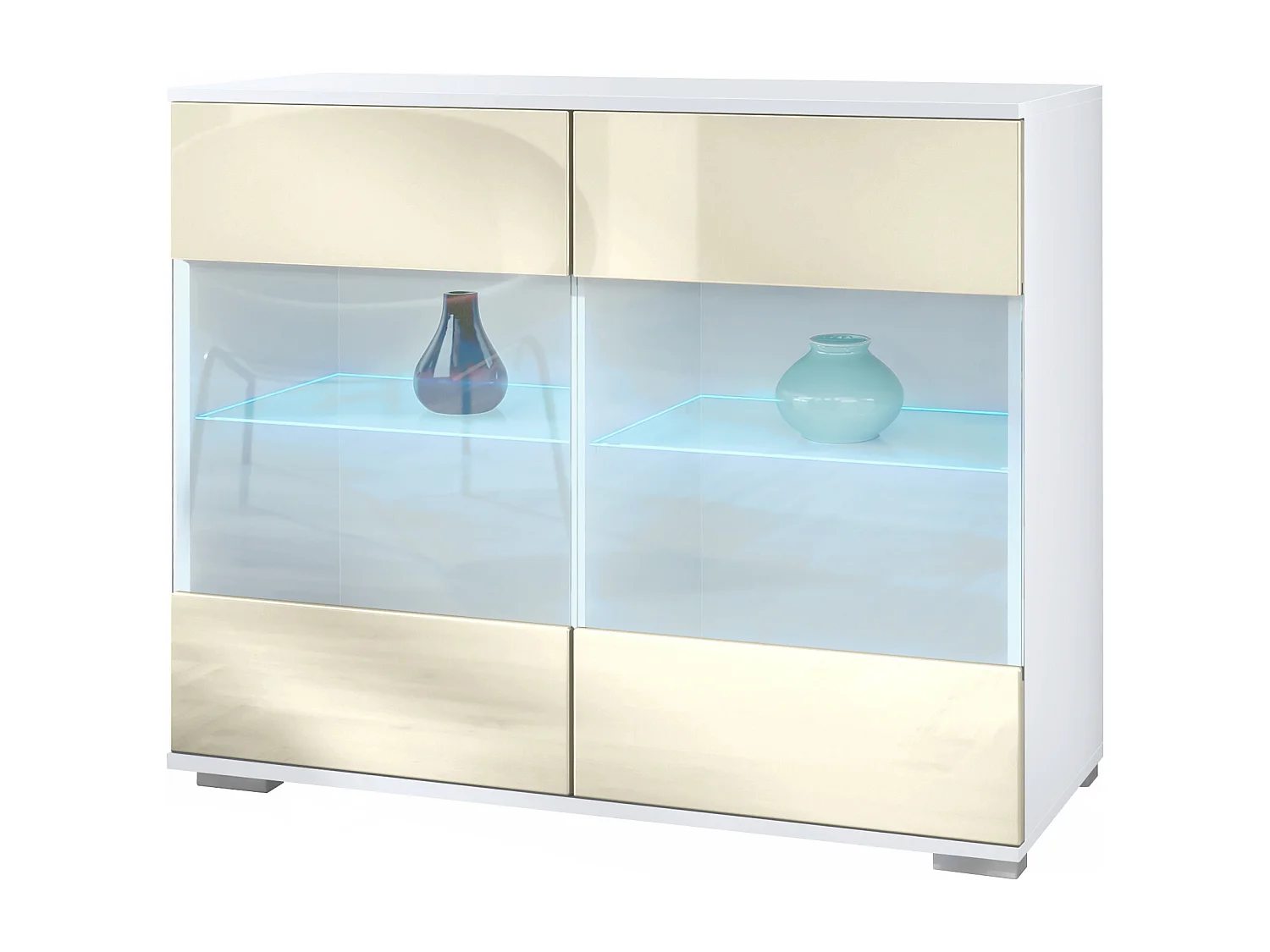 Commode Bari V3, Armoire de cuisine moderne avec 2 grandes portes vitrées incl. éclairage RGB blanc mat / crème haute brillance (92,5 x 75.5 x 35)