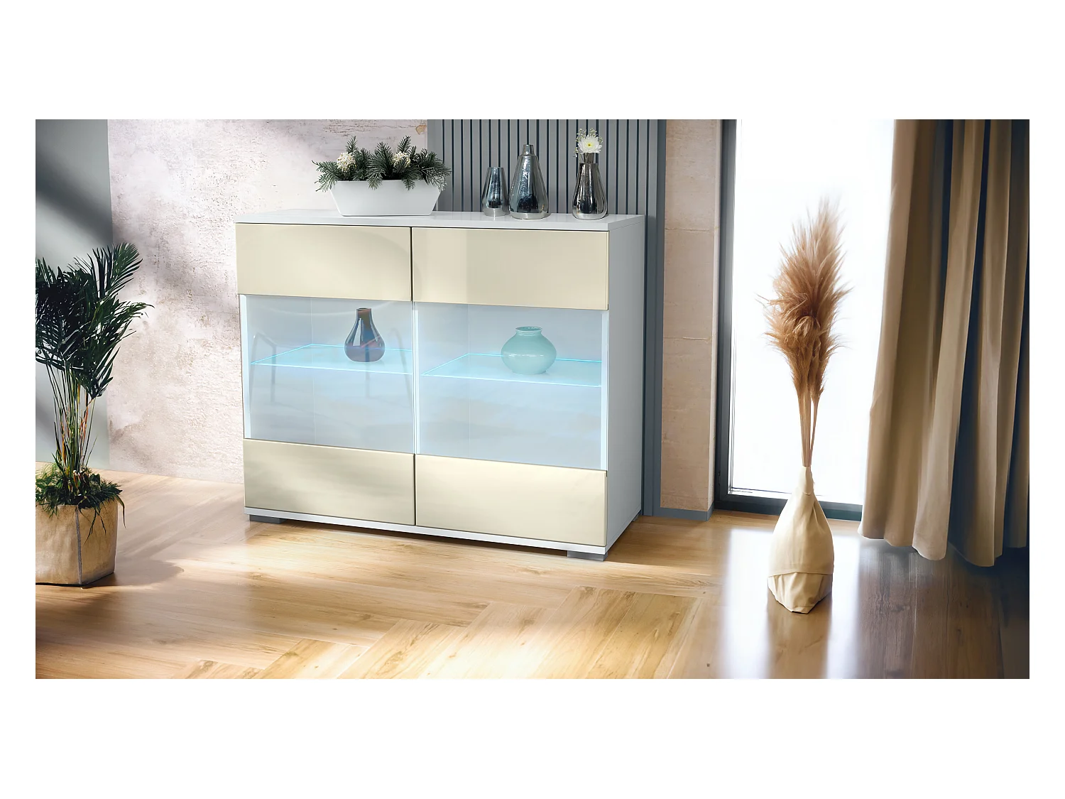 Commode Bari V3, Armoire de cuisine moderne avec 2 grandes portes vitrées incl. éclairage RGB blanc mat / crème haute brillance (92,5 x 75.5 x 35)