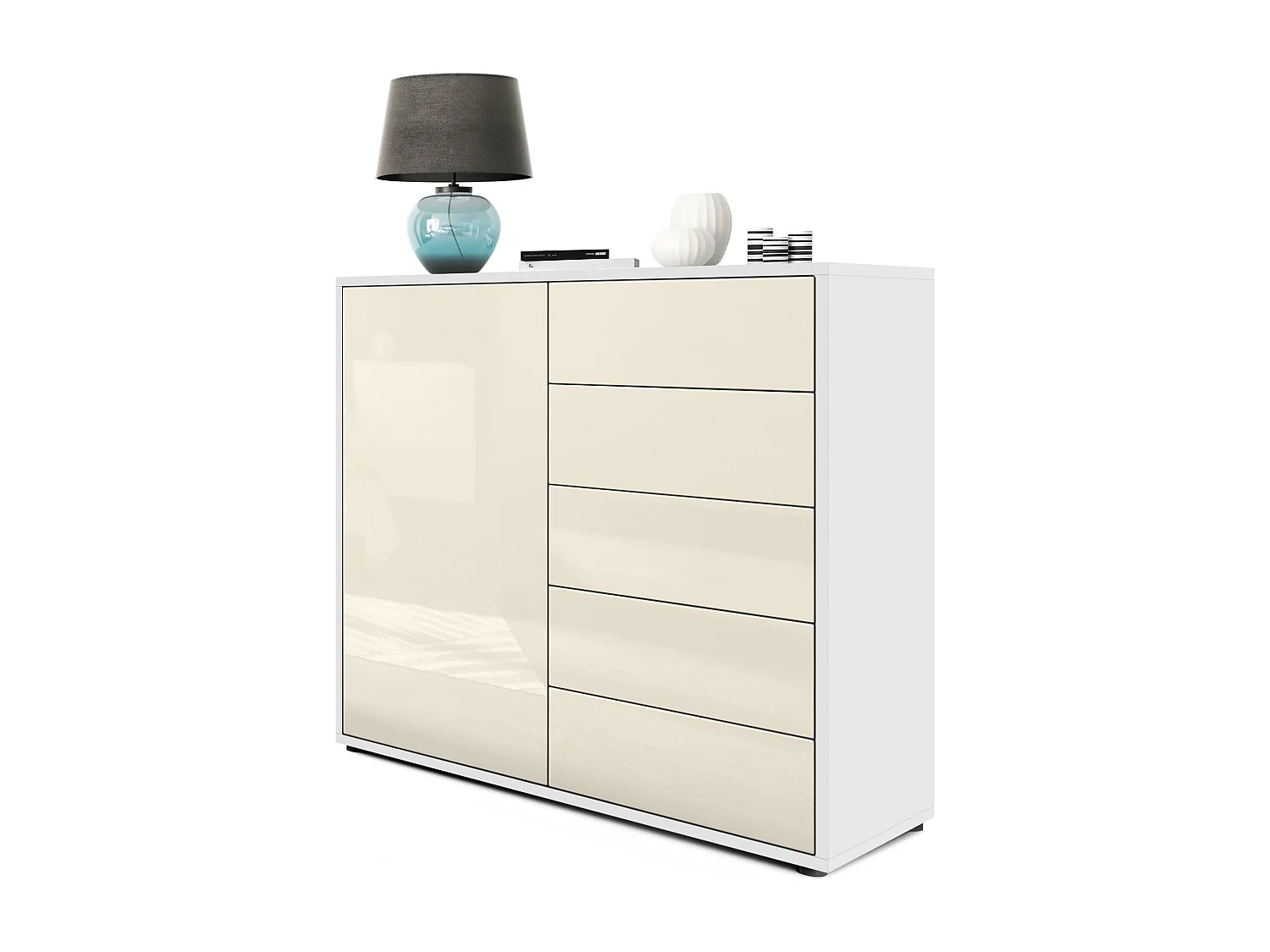 Buffet Ben V2, Commode avec 1 portes et 5 tiroirs, Blanc mat/Crème haute brillance (79 x 74 x 36 cm)