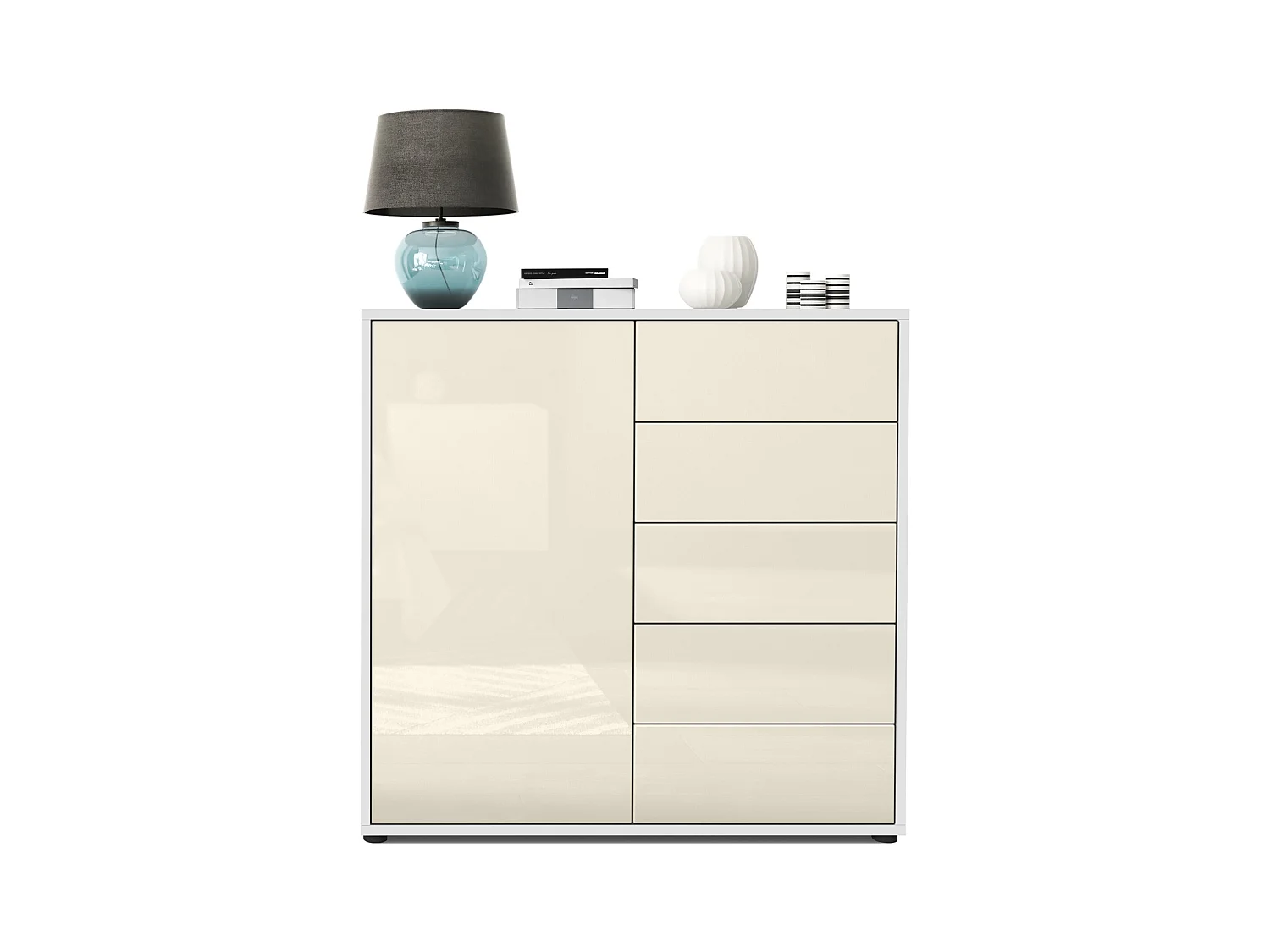 Buffet Ben V2, Commode avec 1 portes et 5 tiroirs, Blanc mat/Crème haute brillance (79 x 74 x 36 cm)