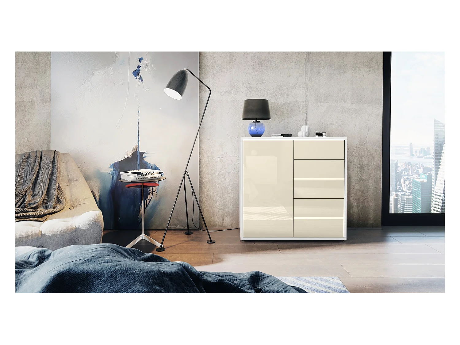 Buffet Ben V2, Commode avec 1 portes et 5 tiroirs, Blanc mat/Crème haute brillance (79 x 74 x 36 cm)