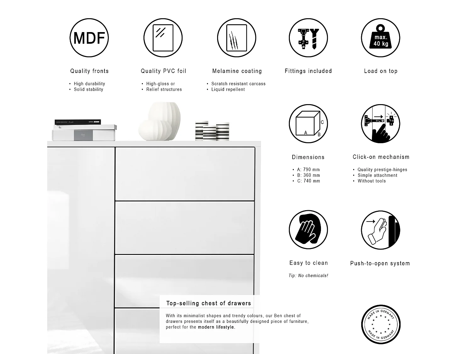 Buffet Ben V2, Commode avec 1 portes et 5 tiroirs, Blanc mat/Crème haute brillance (79 x 74 x 36 cm)