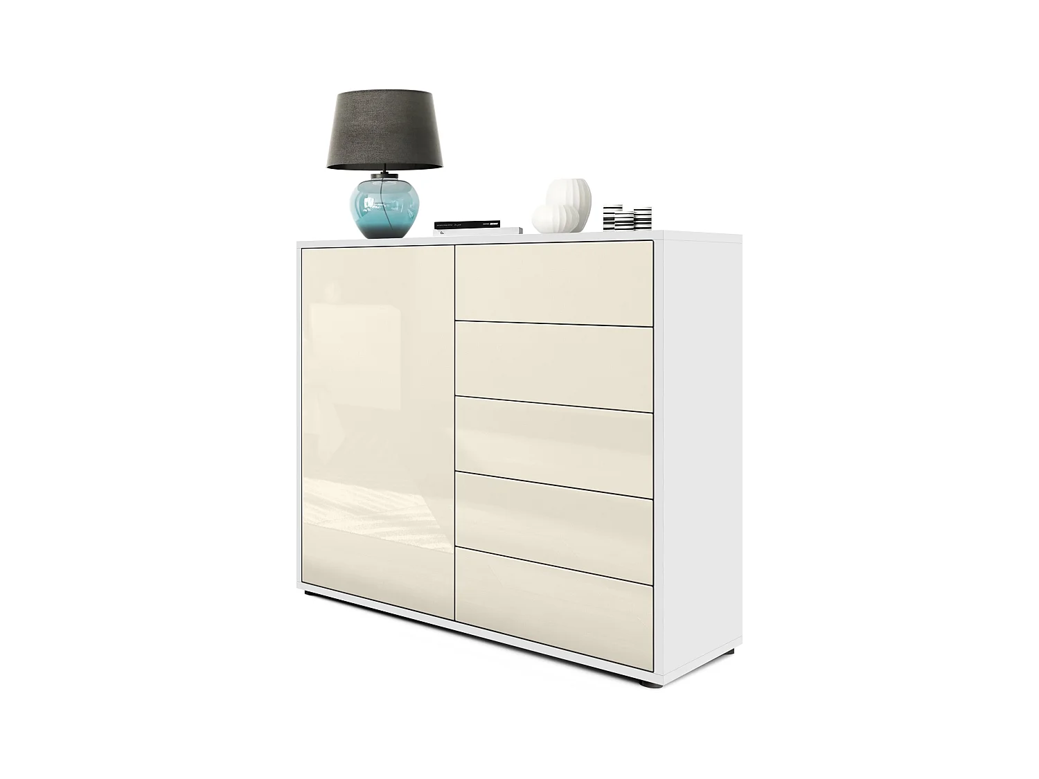 Buffet Ben V2, Commode avec 1 portes et 5 tiroirs, Blanc mat/Crème haute brillance (79 x 74 x 36 cm)