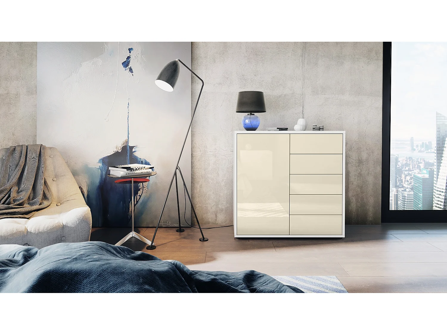 Buffet Ben V2, Commode avec 1 portes et 5 tiroirs, Blanc mat/Crème haute brillance (79 x 74 x 36 cm)