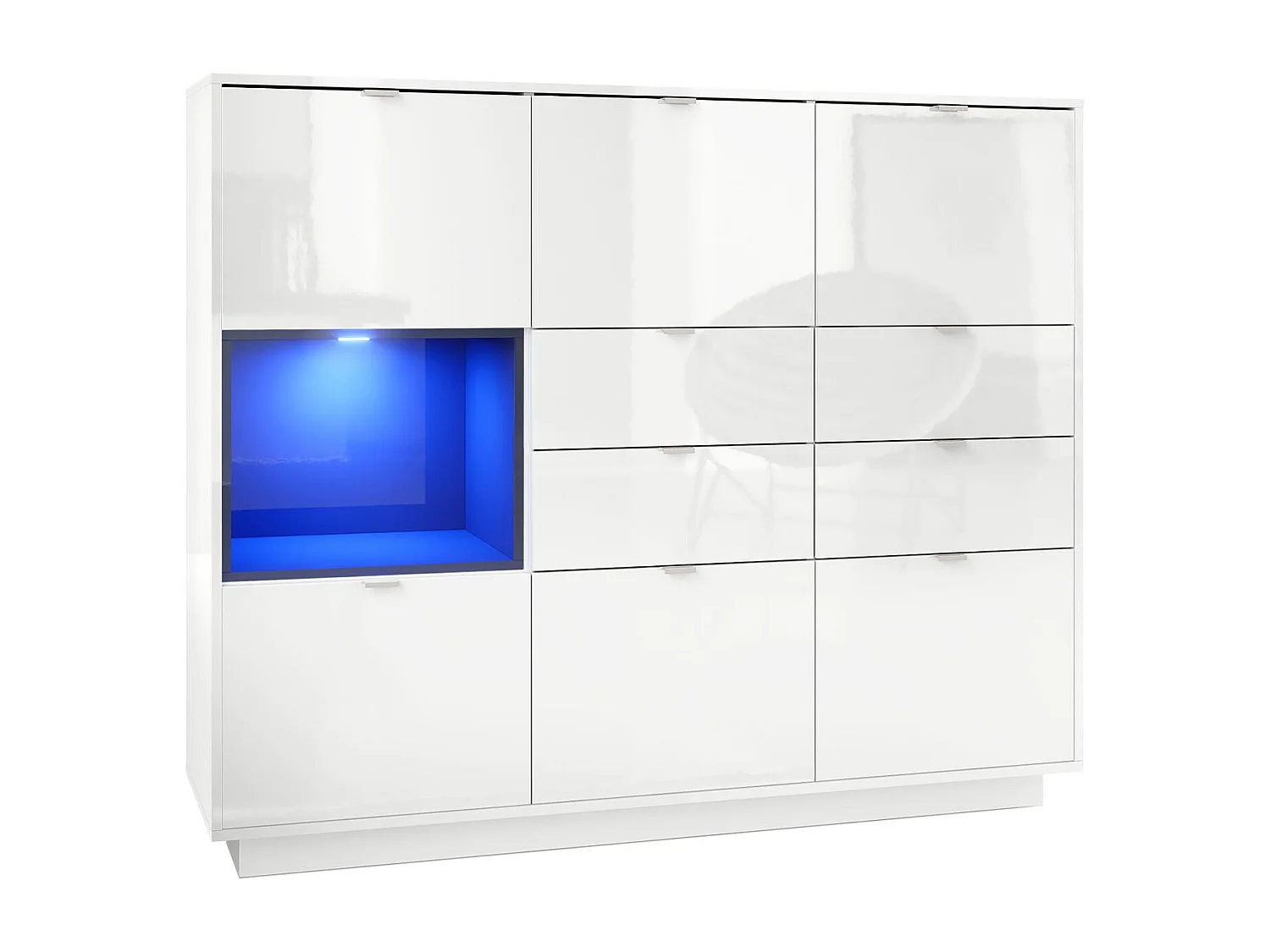 Buffet haut Armoire Metro V2, Corps en Blanc haute brillance / Façades en Blanc haute brillance avec une insertion en Noir haute brillance, incl. L'éclairage LED