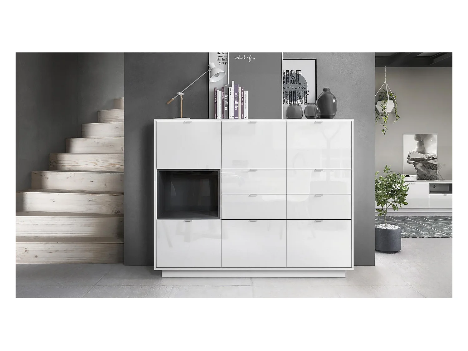 Buffet haut Armoire Metro V2, Corps en Blanc haute brillance / Façades en Blanc haute brillance avec une insertion en Noir haute brillance, incl. L'éclairage LED