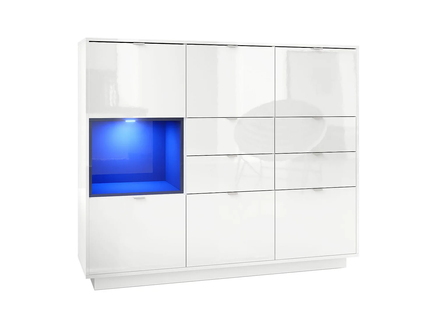 Buffet haut Armoire Metro V2, Corps en Blanc haute brillance / Façades en Blanc haute brillance avec une insertion en Noir haute brillance, incl. L'éclairage LED