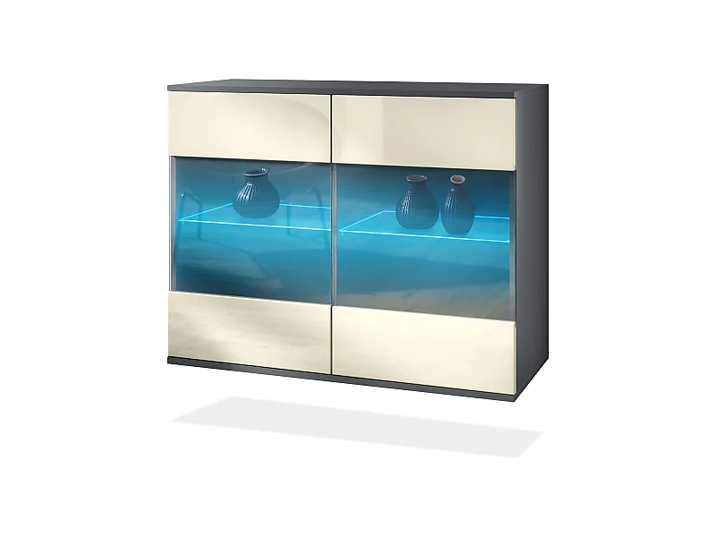 Commode Bari V3, Armoire de cuisine moderne avec 2 grandes portes vitrées incl. éclairage RGB anthracite mat / crème haute brillance (92,5 x 73.5 x 35)