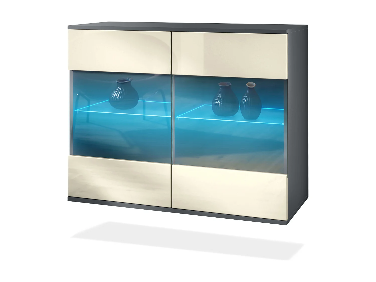 Commode Bari V3, Armoire de cuisine moderne avec 2 grandes portes vitrées incl. éclairage RGB anthracite mat / crème haute brillance (92,5 x 73.5 x 35)