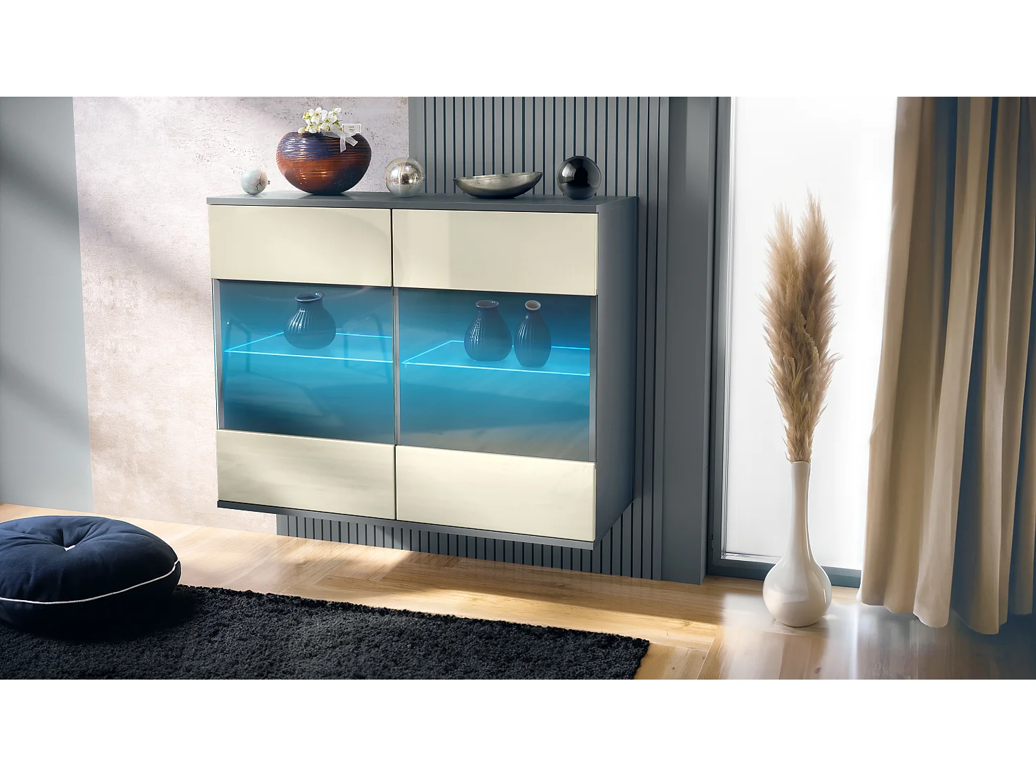 Cómoda Bari V3, Moderno armario de cocina con 2 grandes puertas de cristal incl. iluminación RGB antracita mate / crema de alto brillo (92,5 x 73.5 x 35)