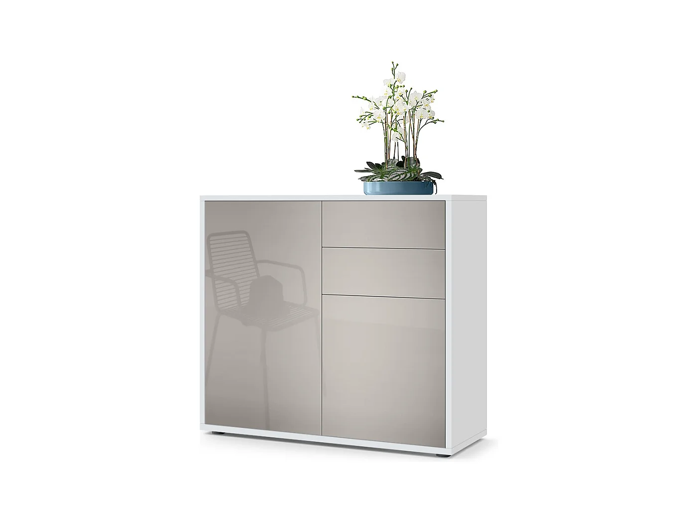 Buffet Ben, Commode avec 2 portes et 2 tiroirs, Blanc mat/Gris sable haute brillance (79 x 74 x 36 cm)