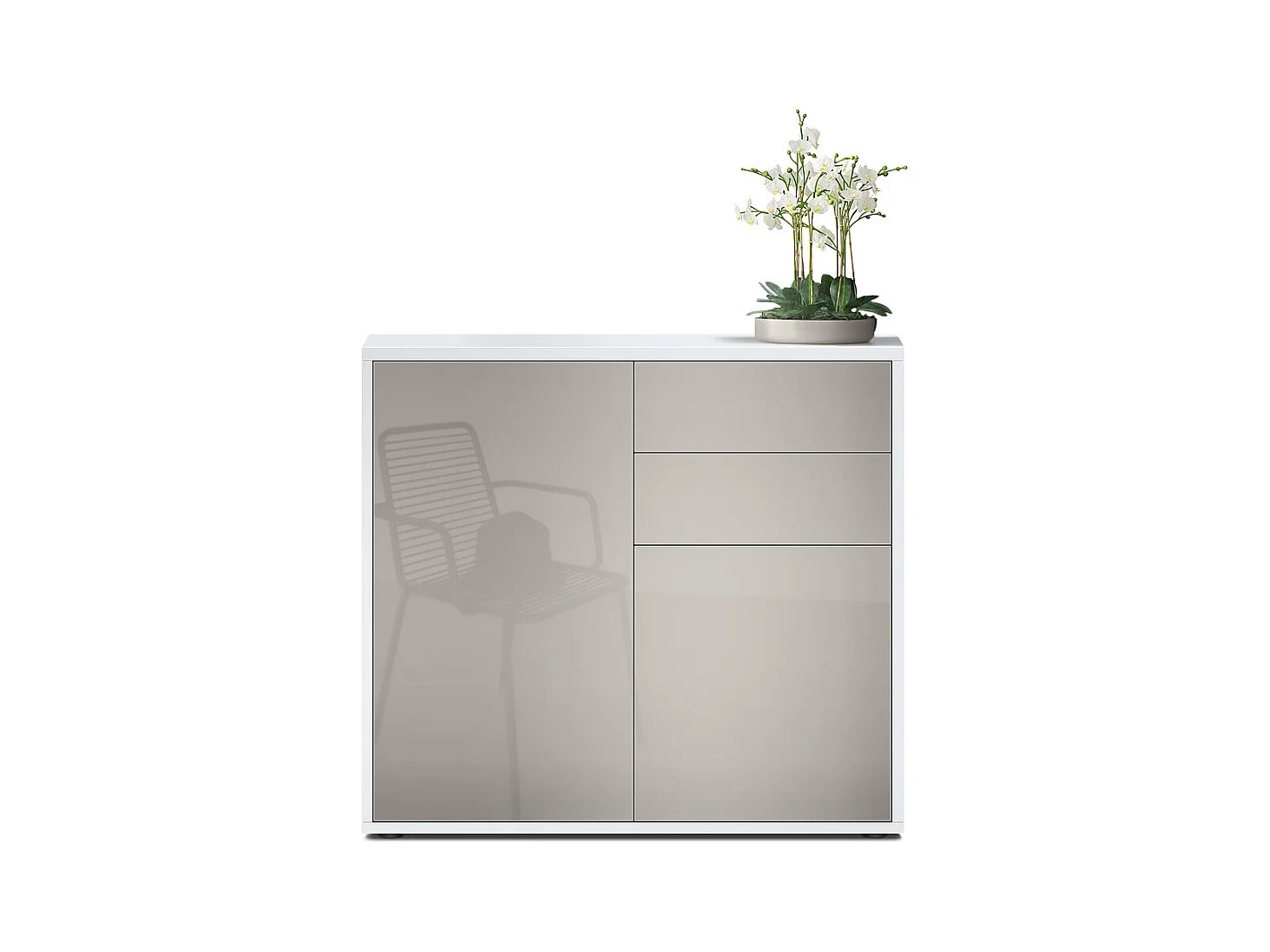 Buffet Ben, Commode avec 2 portes et 2 tiroirs, Blanc mat/Gris sable haute brillance (79 x 74 x 36 cm)