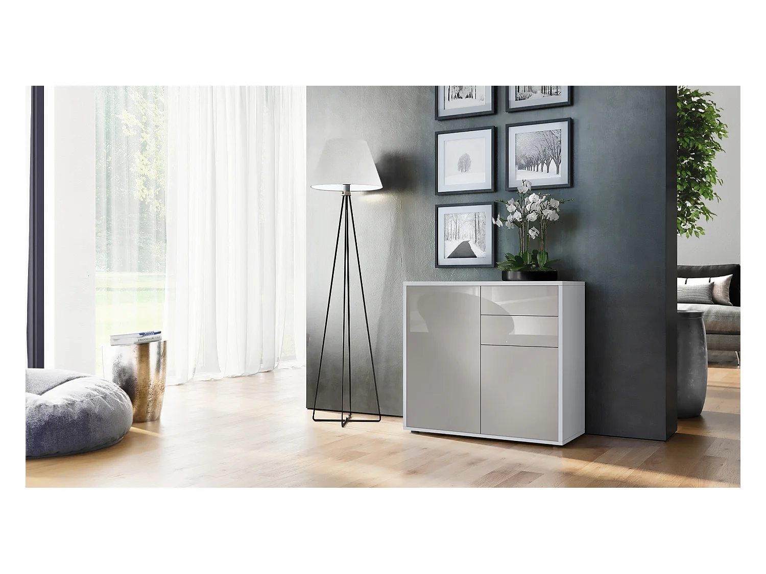 Buffet Ben, Commode avec 2 portes et 2 tiroirs, Blanc mat/Gris sable haute brillance (79 x 74 x 36 cm)