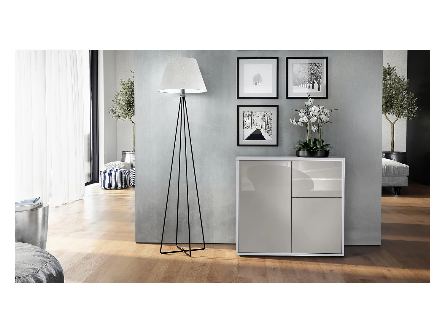 Buffet Ben, Commode avec 2 portes et 2 tiroirs, Blanc mat/Gris sable haute brillance (79 x 74 x 36 cm)