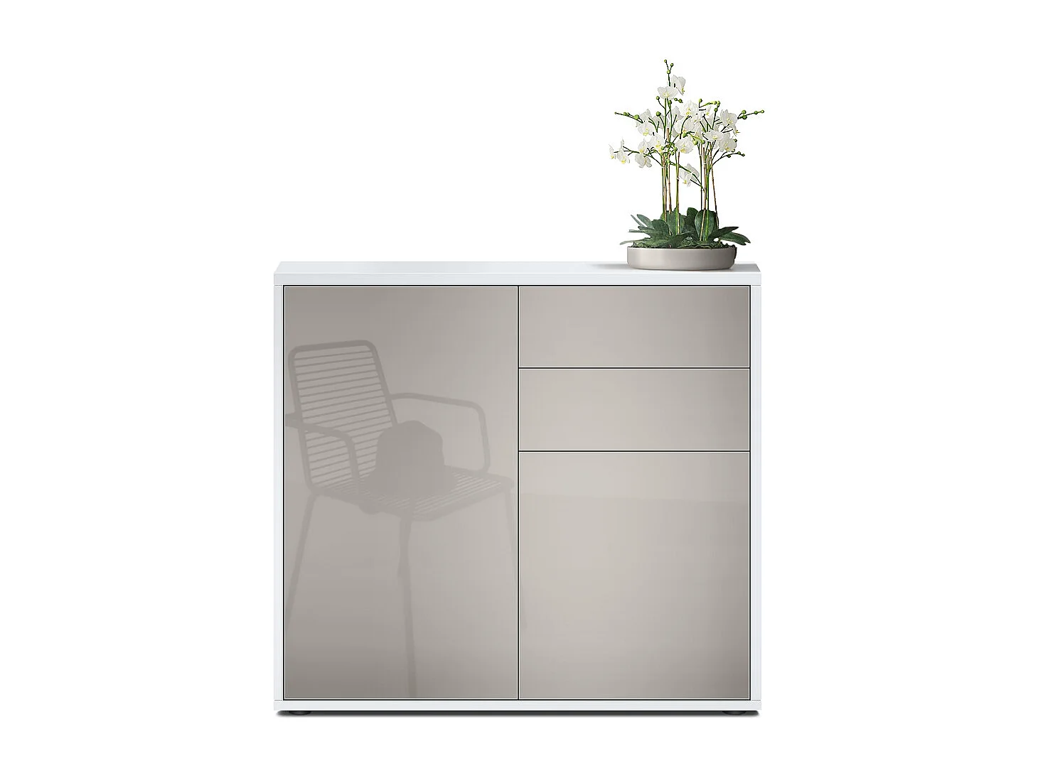 Buffet Ben, Commode avec 2 portes et 2 tiroirs, Blanc mat/Gris sable haute brillance (79 x 74 x 36 cm)