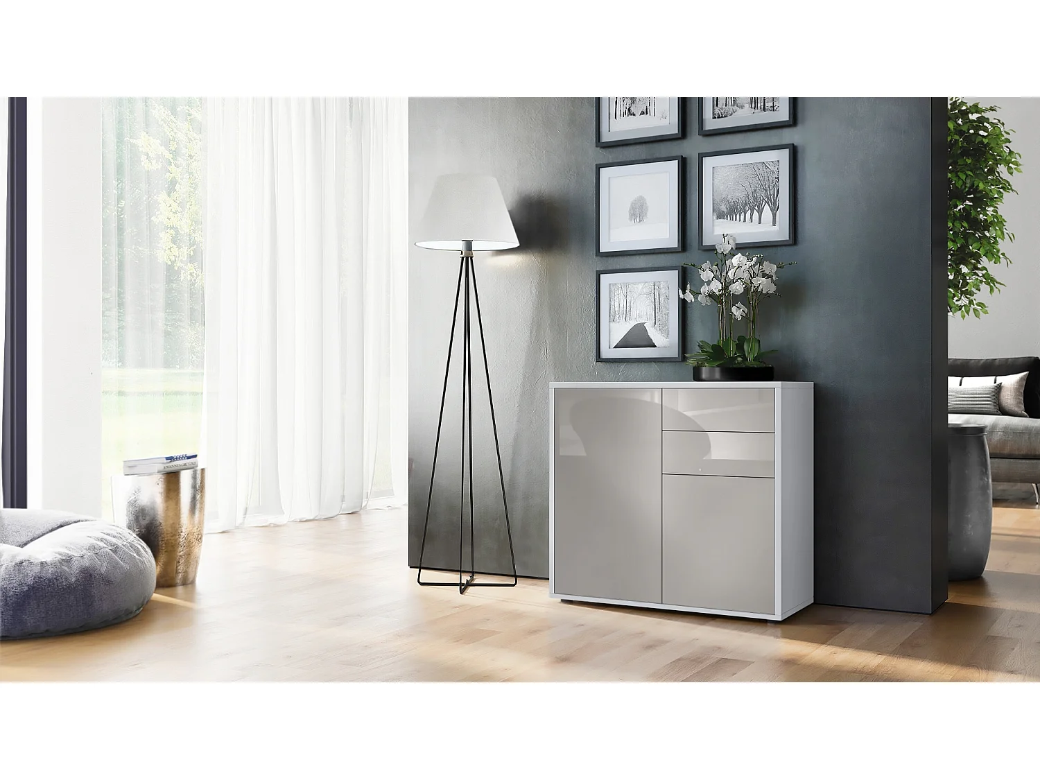 Buffet Ben, Commode avec 2 portes et 2 tiroirs, Blanc mat/Gris sable haute brillance (79 x 74 x 36 cm)