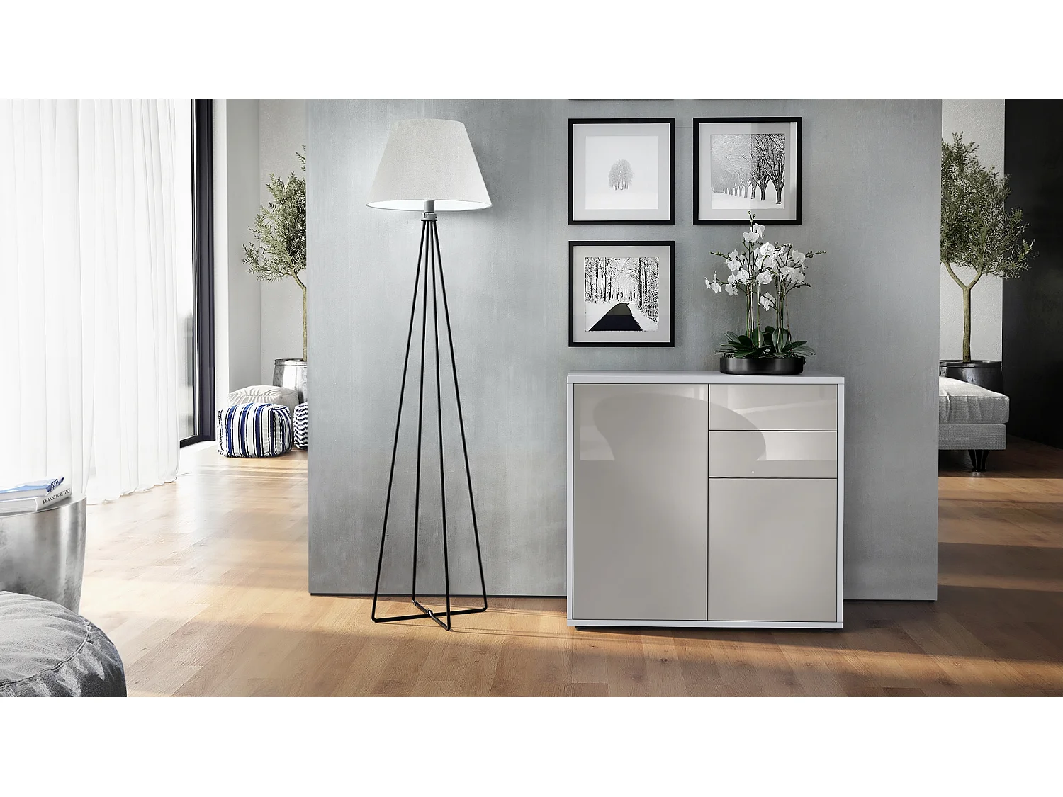 Buffet Ben, Commode avec 2 portes et 2 tiroirs, Blanc mat/Gris sable haute brillance (79 x 74 x 36 cm)