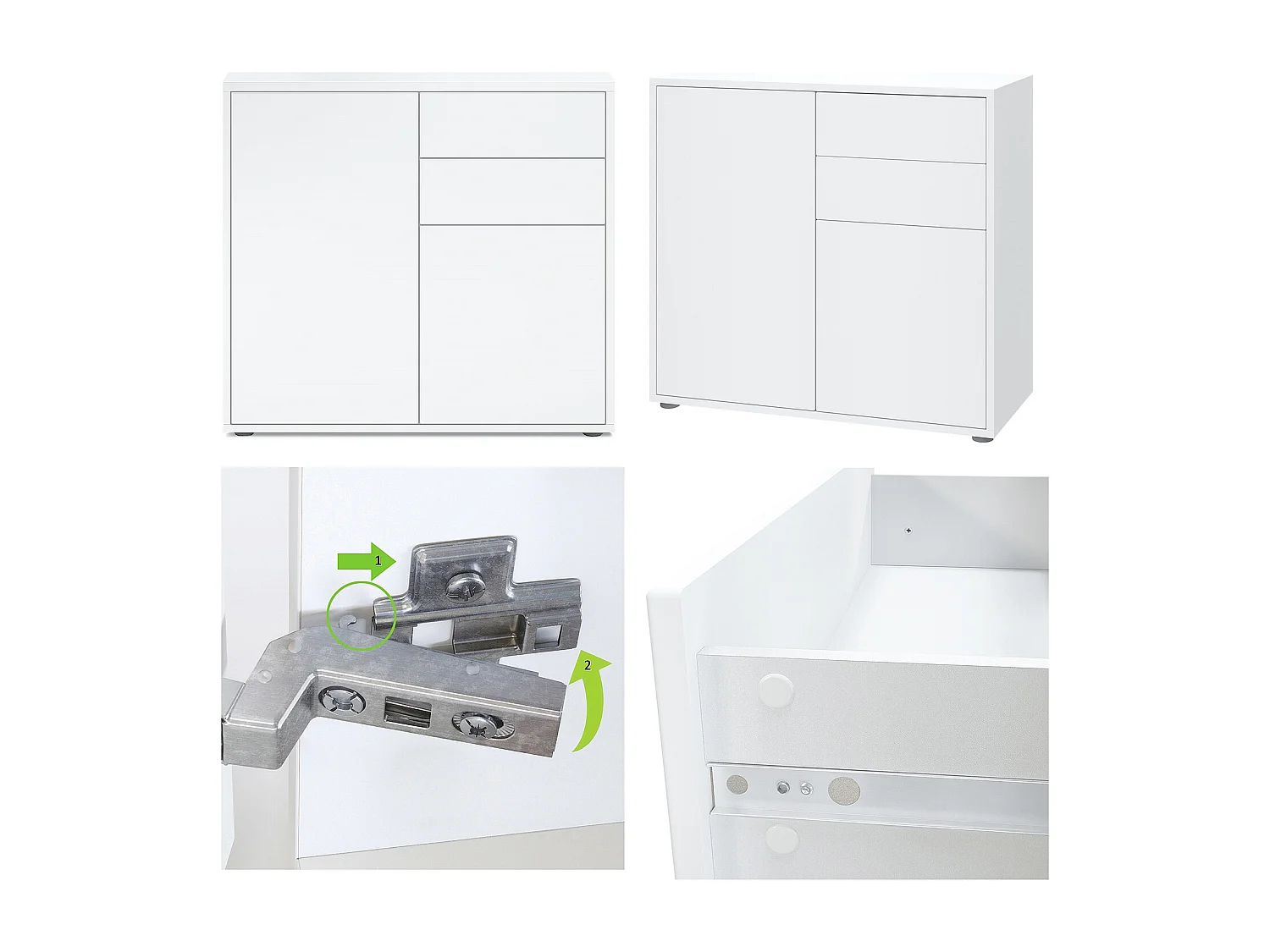 Buffet Ben, Commode avec 2 portes et 2 tiroirs, Blanc mat/Gris sable haute brillance (79 x 74 x 36 cm)