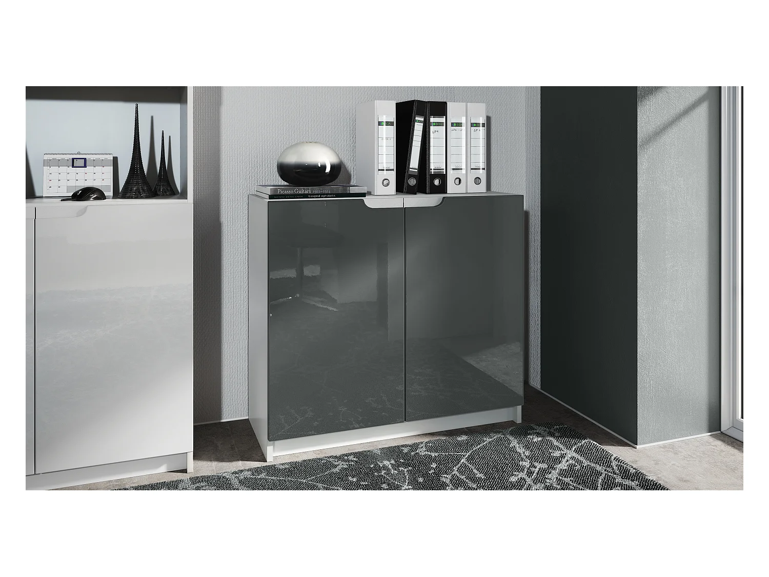 Buffet Logan, Commode avec 2 portes, blanc mat/gris haute brillance (82 x 78 x 37 cm)