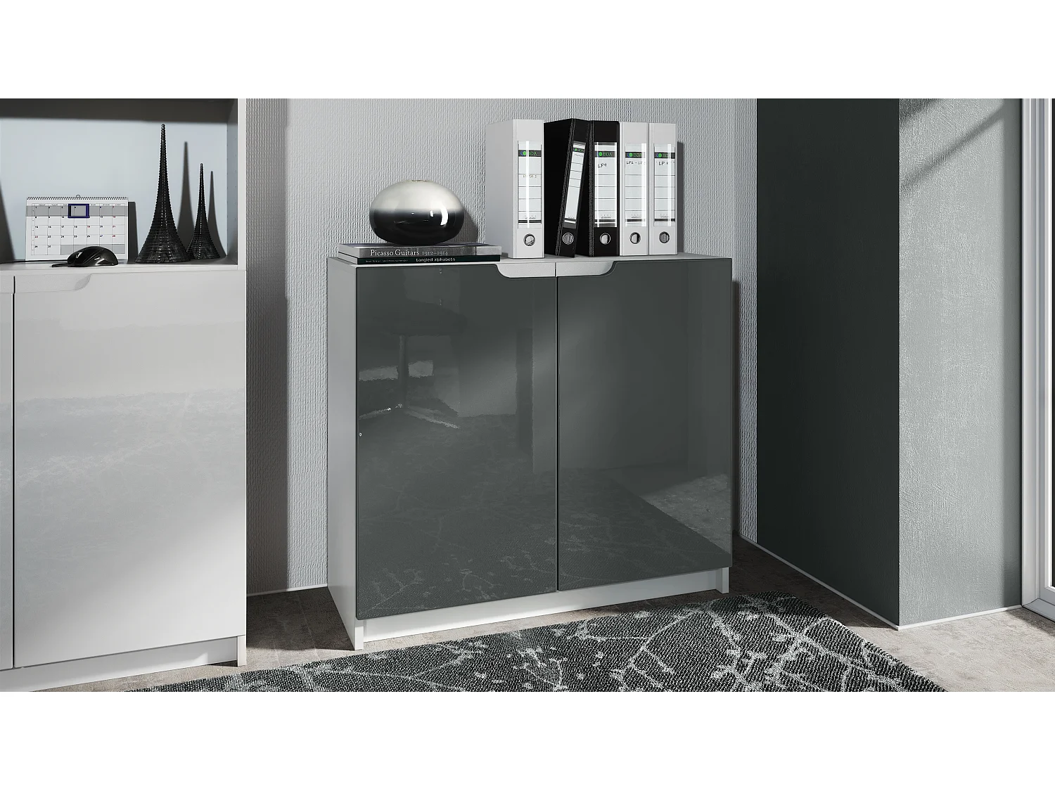 Cajonera Logan, Cómoda con 2 Puertas, blanco mate/gris de alto brillo (82 x 78 x 37 cm)