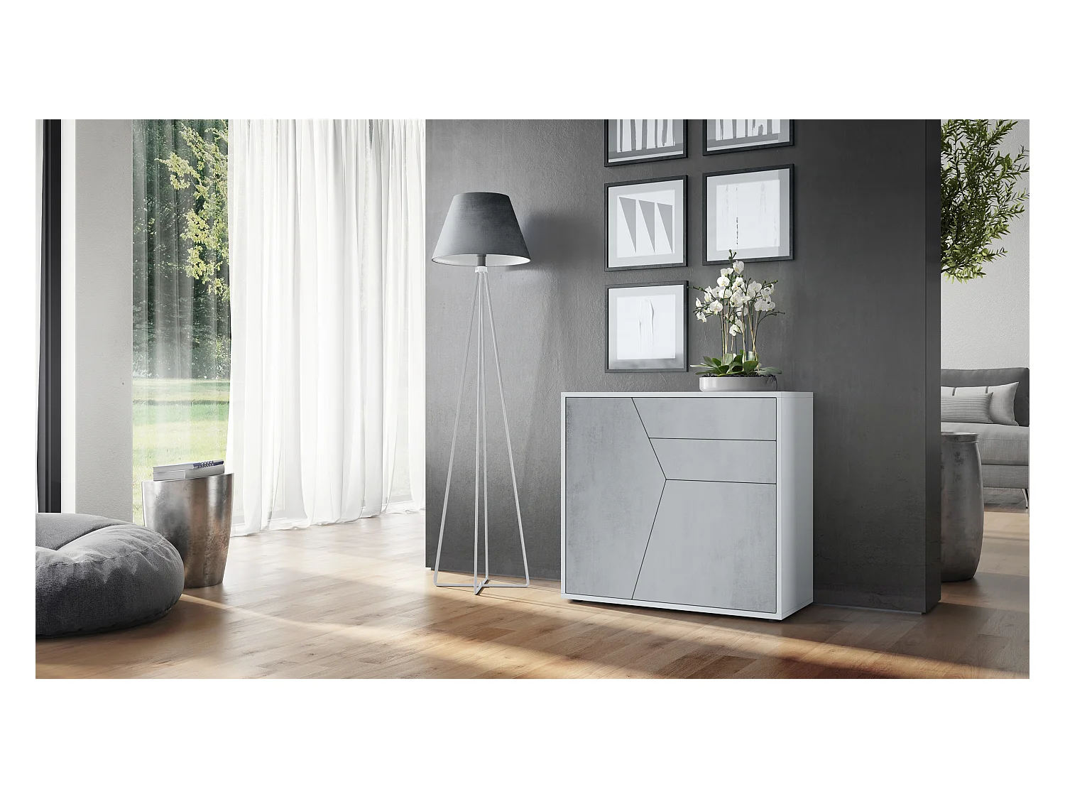 Buffet Benny, Commode avec 2 portes et 2 tiroirs, Blanc mat/Aspect Béton Oxyde (79 x 74 x 36 cm)