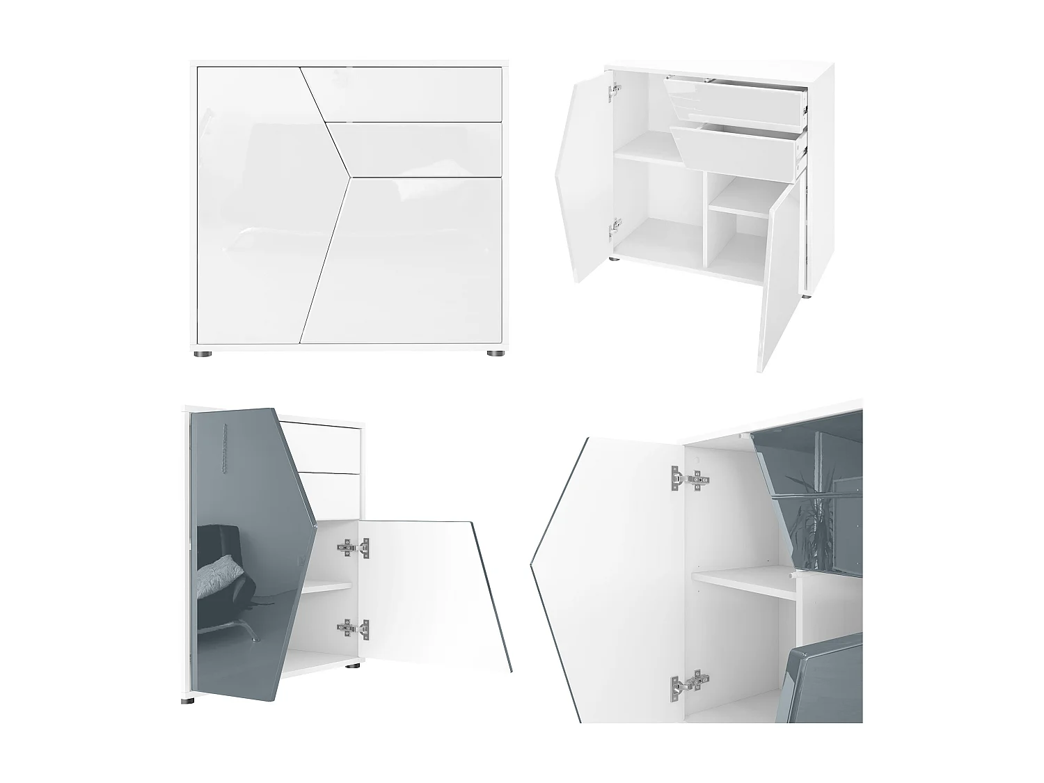 Buffet Benny, Commode avec 2 portes et 2 tiroirs, Blanc mat/Aspect Béton Oxyde (79 x 74 x 36 cm)