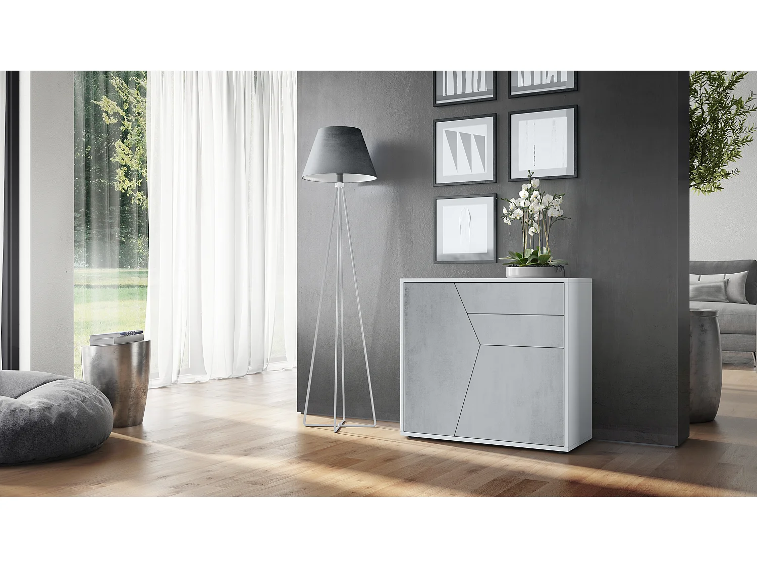Buffet Benny, Commode avec 2 portes et 2 tiroirs, Blanc mat/Aspect Béton Oxyde (79 x 74 x 36 cm)