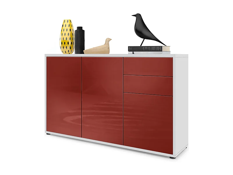 Madia  Ben V3, Mobile a 3 ante e 2 cassetti, Bianco opaco/Bordeaux lucido (117 x 74 x 36 cm)