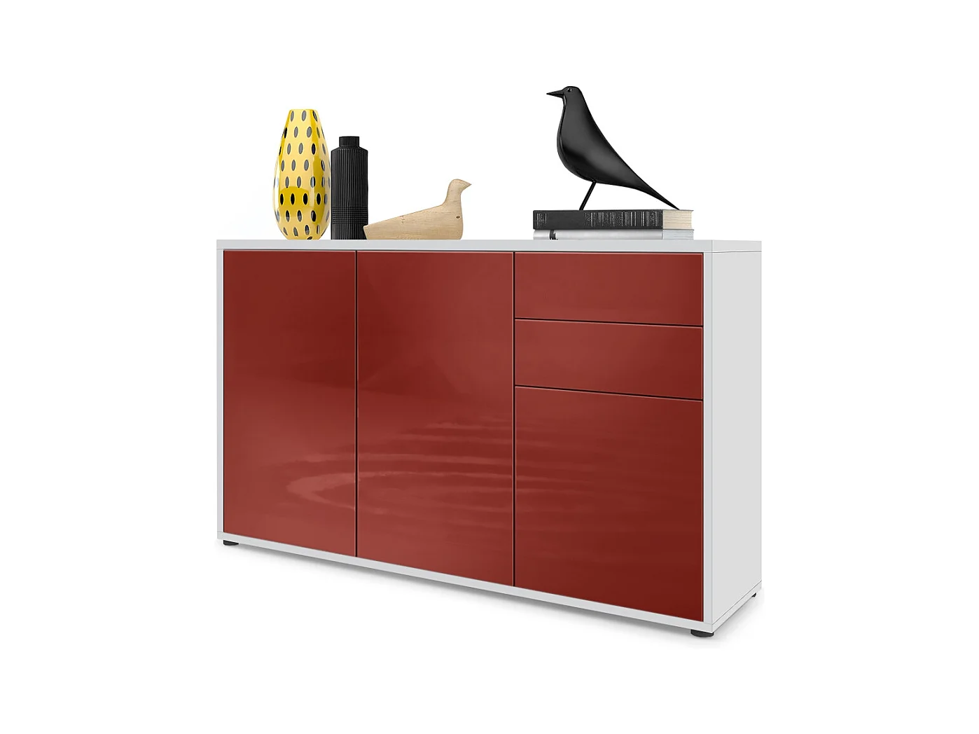 Buffet Ben V3, Commode avec 3 portes et 2 tiroirs, Blanc mat/Bordeaux haute brillance (117 x 74 x 36 cm)