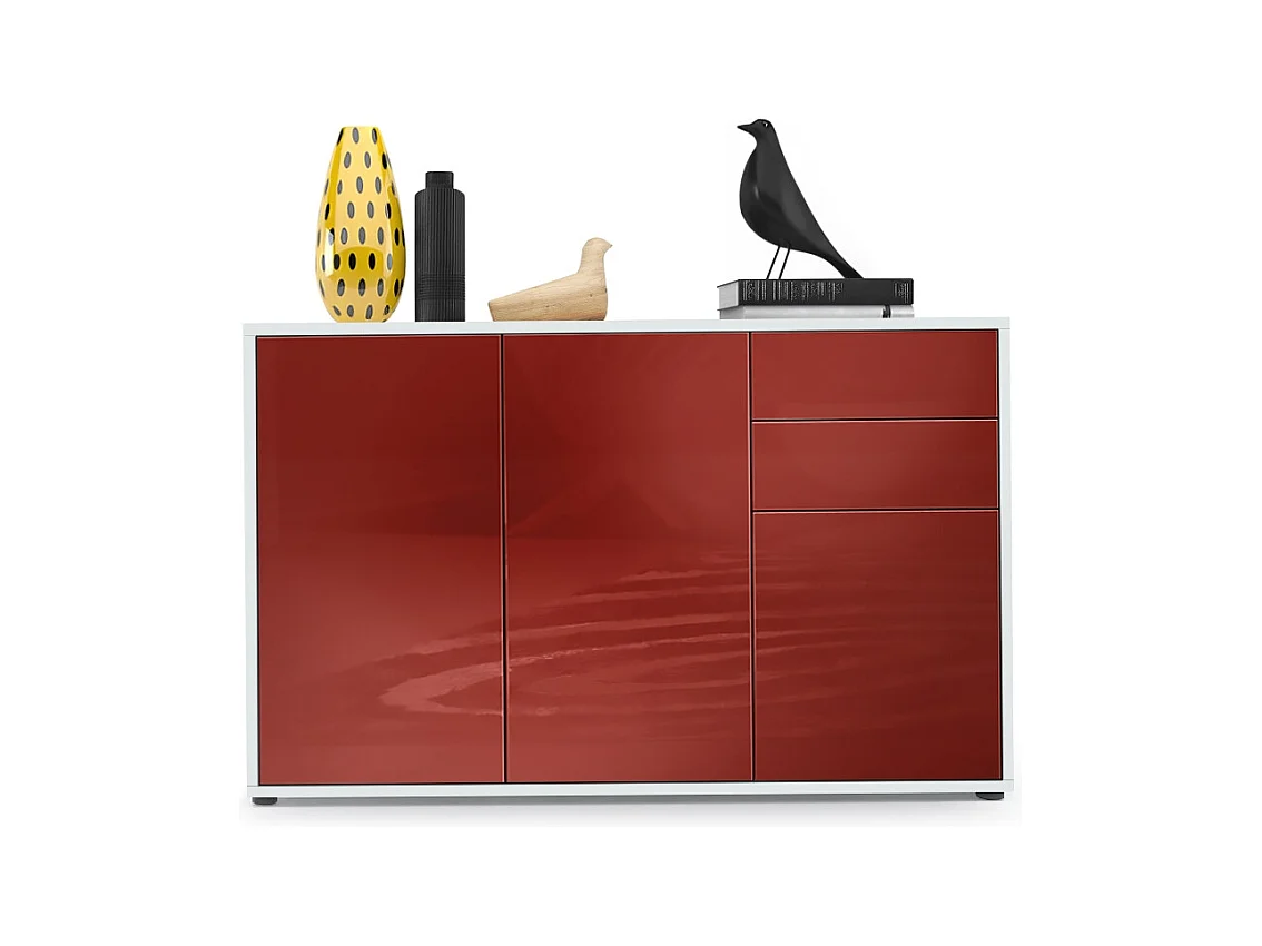 Buffet Ben V3, Commode avec 3 portes et 2 tiroirs, Blanc mat/Bordeaux haute brillance (117 x 74 x 36 cm)