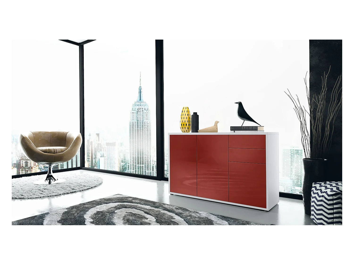 Buffet Ben V3, Commode avec 3 portes et 2 tiroirs, Blanc mat/Bordeaux haute brillance (117 x 74 x 36 cm)