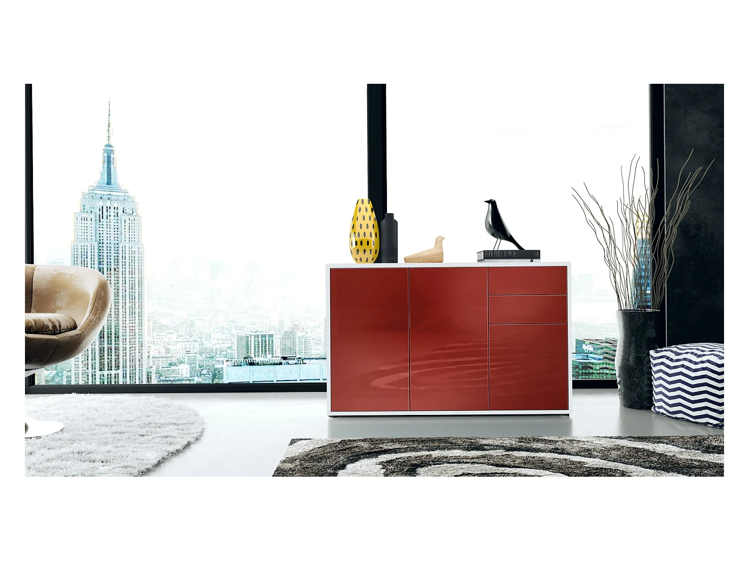 Buffet Ben V3, Commode avec 3 portes et 2 tiroirs, Blanc mat/Bordeaux haute brillance (117 x 74 x 36 cm)