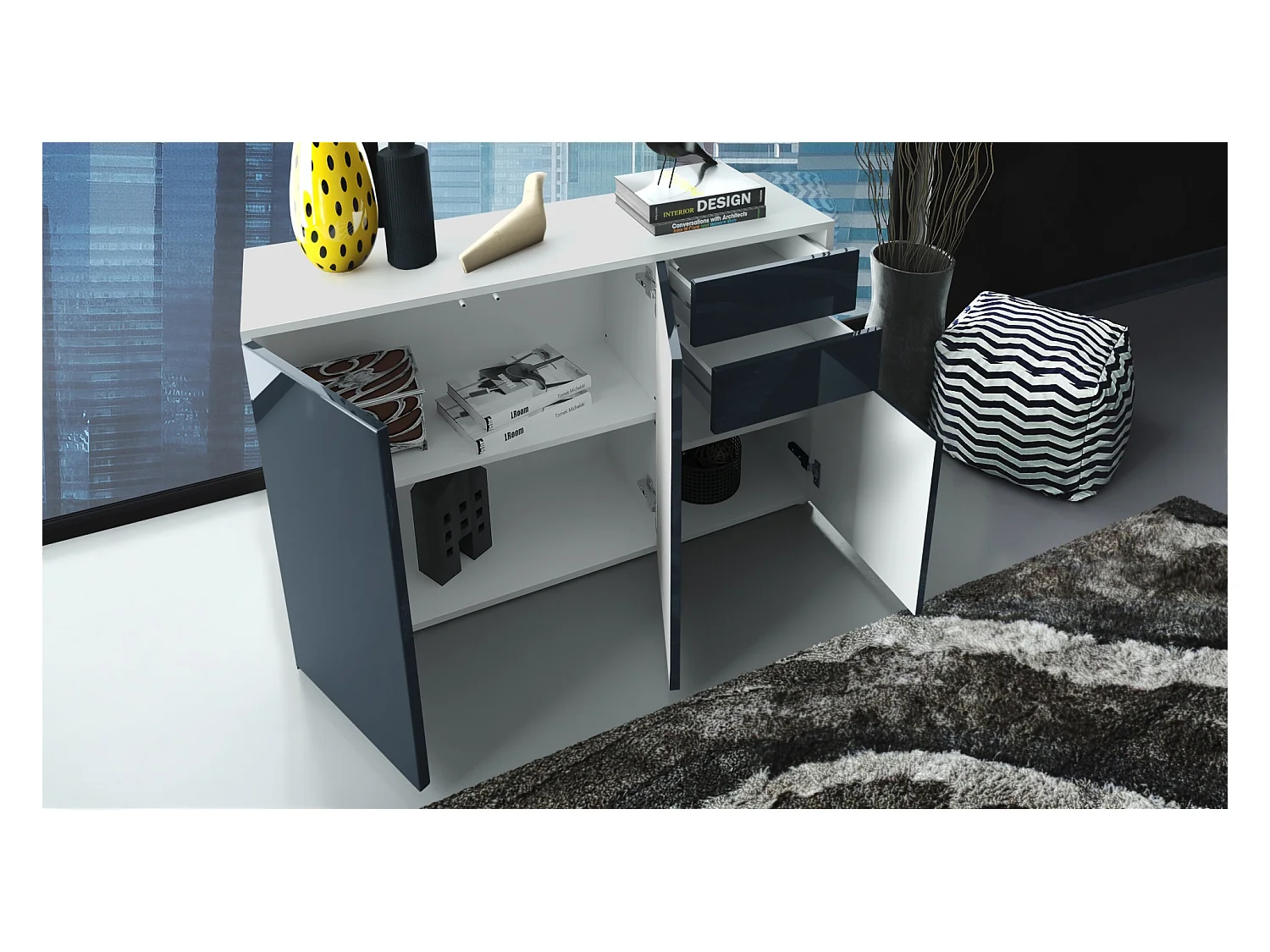 Buffet Ben V3, Commode avec 3 portes et 2 tiroirs, Blanc mat/Bordeaux haute brillance (117 x 74 x 36 cm)