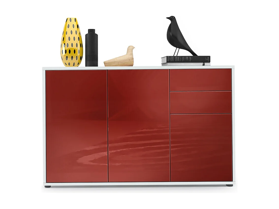 Buffet Ben V3, Commode avec 3 portes et 2 tiroirs, Blanc mat/Bordeaux haute brillance (117 x 74 x 36 cm)