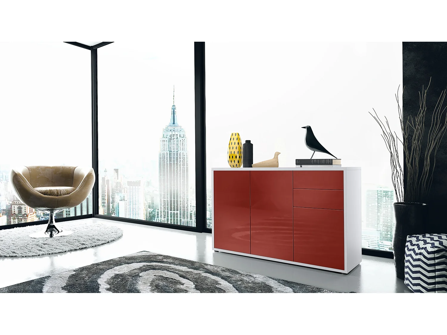 Buffet Ben V3, Commode avec 3 portes et 2 tiroirs, Blanc mat/Bordeaux haute brillance (117 x 74 x 36 cm)