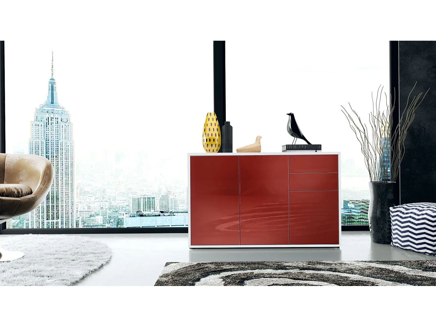 Buffet Ben V3, Commode avec 3 portes et 2 tiroirs, Blanc mat/Bordeaux haute brillance (117 x 74 x 36 cm)