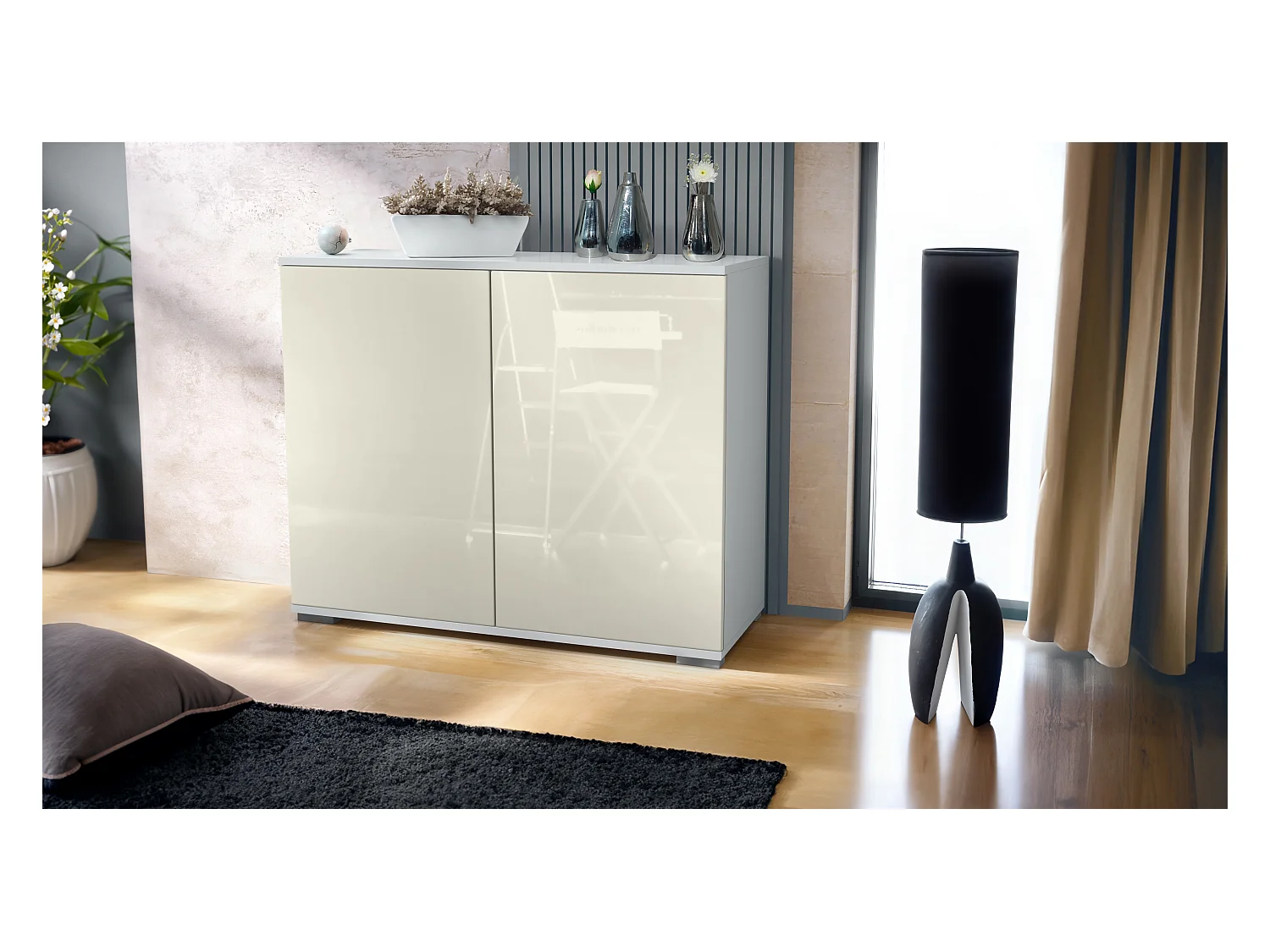 Aparador Skadu V3, Armario de Cocina Moderno con 2 Puertas Grandes blanco mate / crema de alto brillo (92,5 x 75.5 x 35)