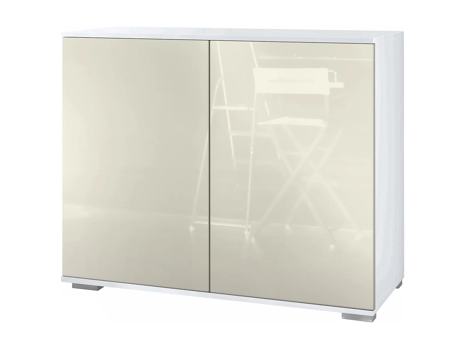 Commode Skadu V3, Buffet de Cuisine Moderne avec 2 Grandes Portes blanc mat / crème haute brillance (92,5 x 75.5 x 35)