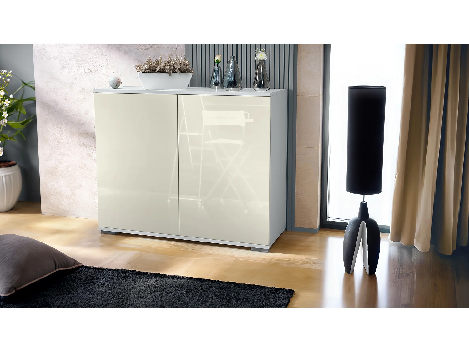 Commode Skadu V3, Buffet de Cuisine Moderne avec 2 Grandes Portes blanc mat / crème haute brillance (92,5 x 75.5 x 35)