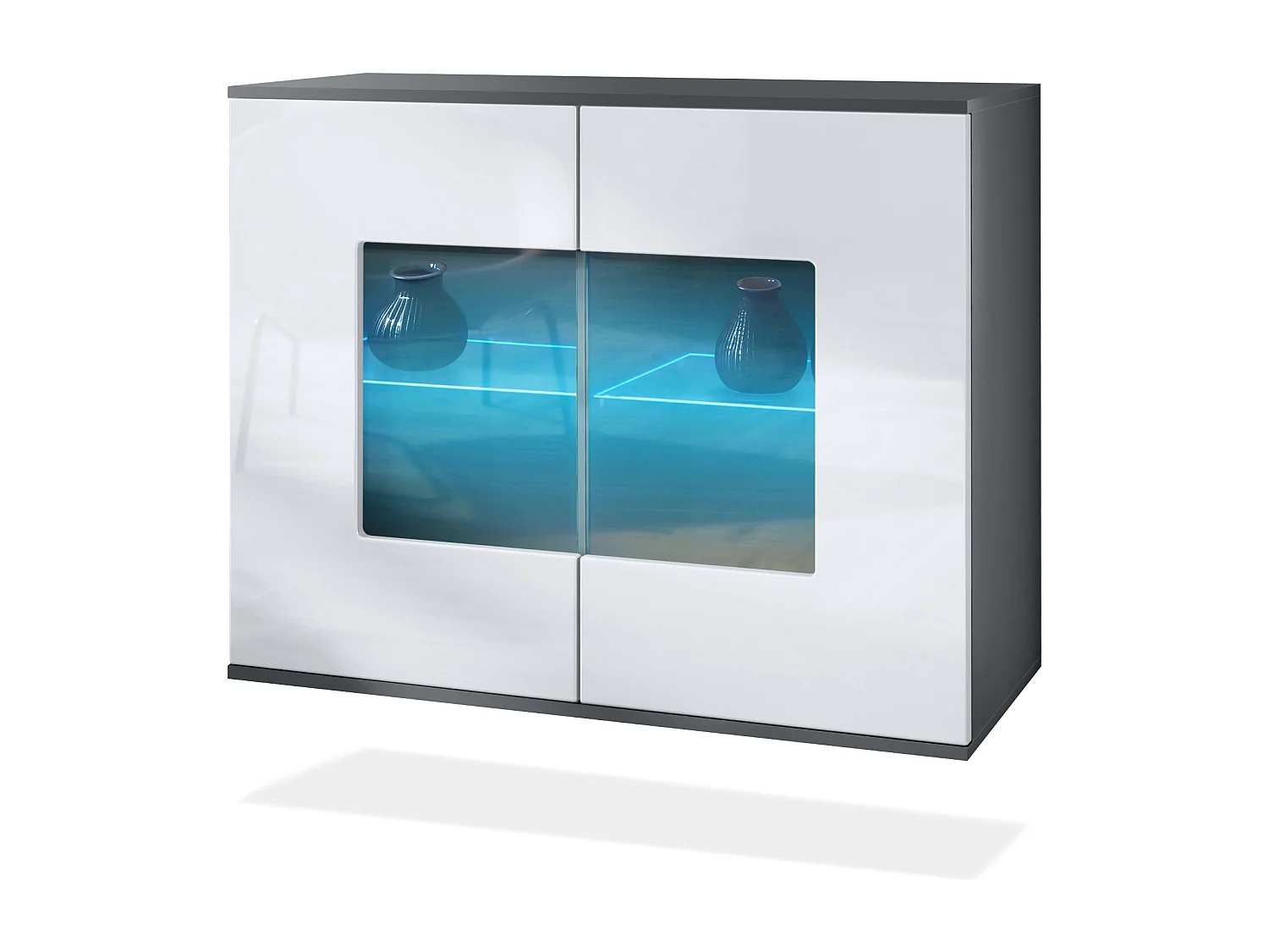 Commode Grömitz V3, Armoire de cuisine moderne avec 2 grandes portes vitrées incl. éclairage RGB anthracite mat / blanc haute brillance (92,5 x 73.5 x 35)