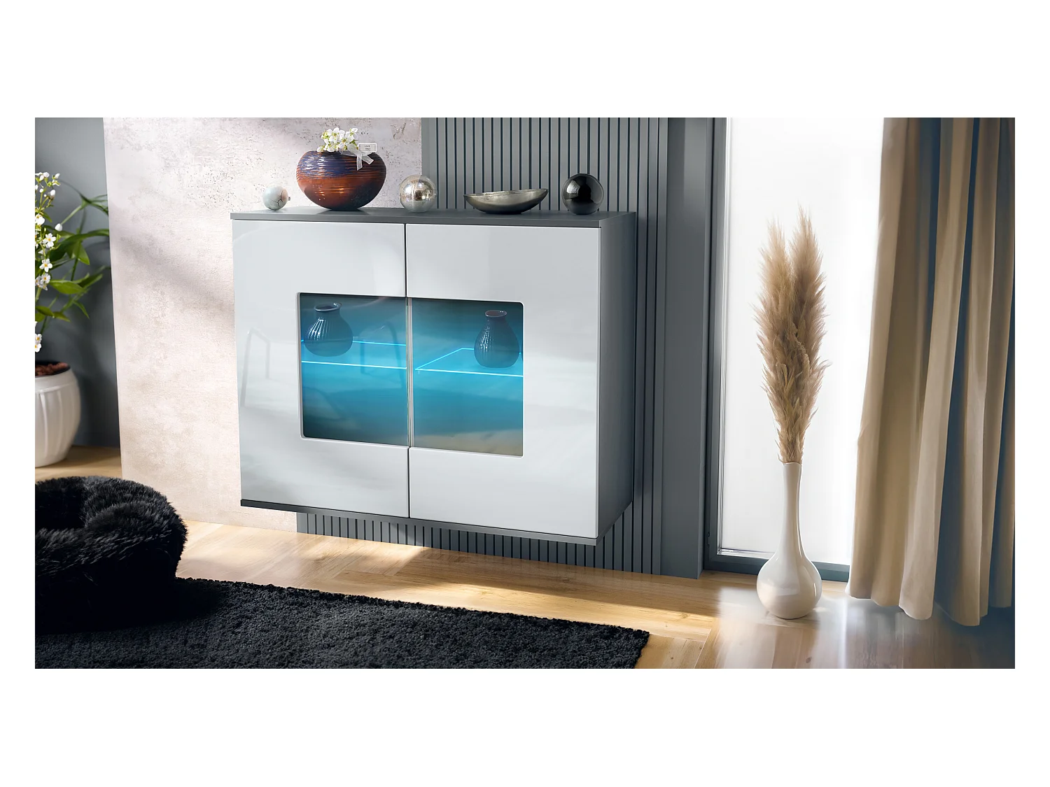Commode Grömitz V3, Armoire de cuisine moderne avec 2 grandes portes vitrées incl. éclairage RGB anthracite mat / blanc haute brillance (92,5 x 73.5 x 35)
