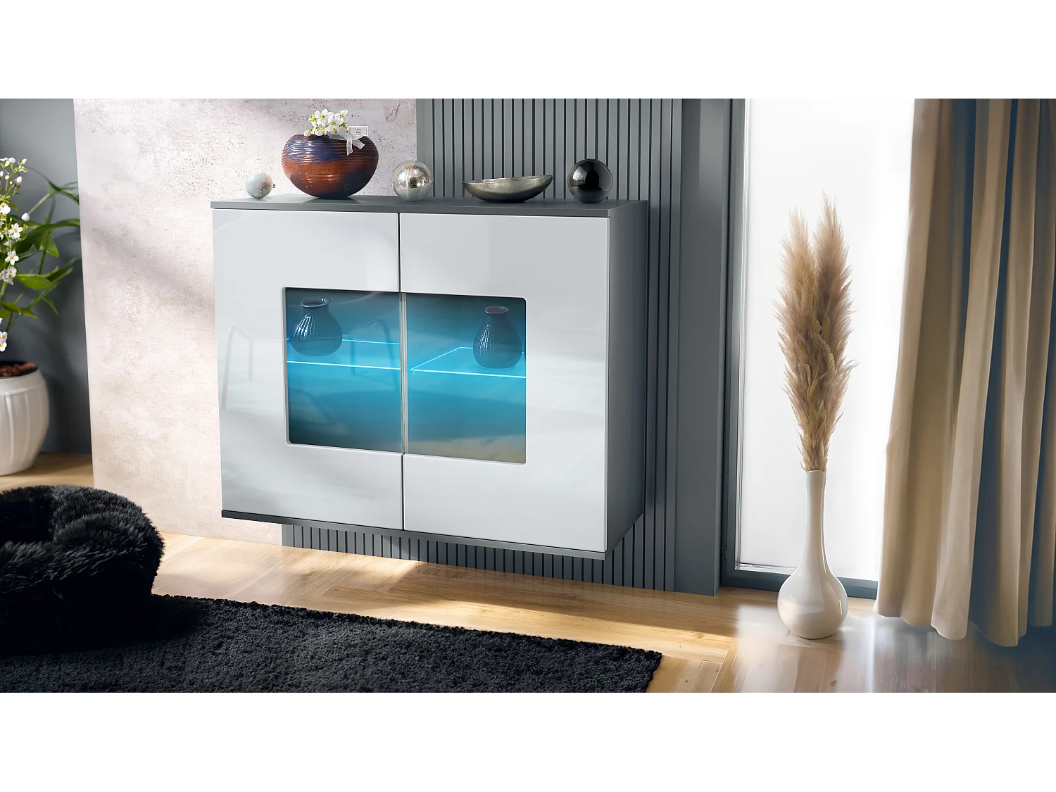 Cassettiera Grömitz V3, Mobile da cucina moderno con 2 grandi ante in vetro incl. illuminazione RGB antracite opaco  / bianco lucido (92,5 x 73.5 x 35)