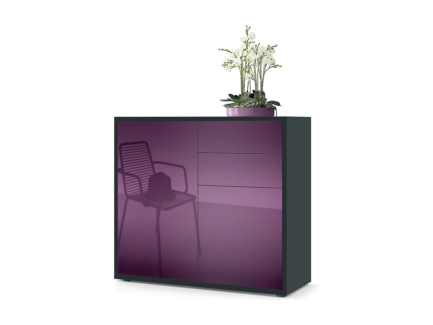 Buffet Ben, Commode avec 2 portes et 2 tiroirs, Noir mat/Mûre haute brillance (79 x 74 x 36 cm)