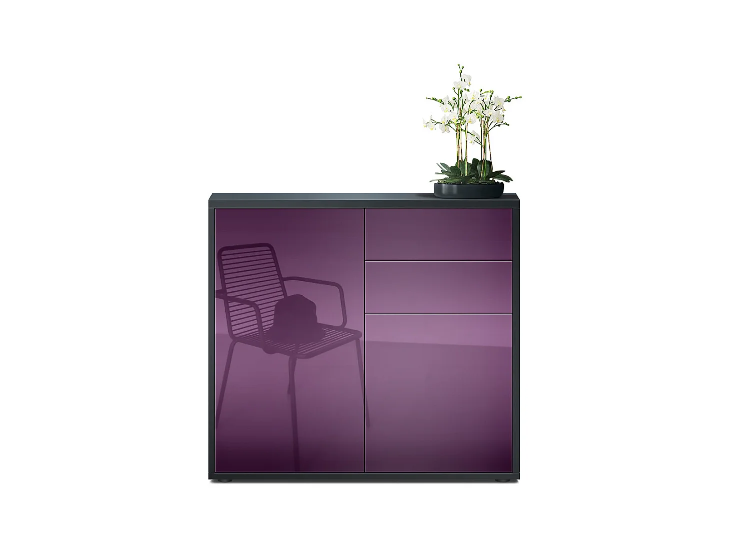 Buffet Ben, Commode avec 2 portes et 2 tiroirs, Noir mat/Mûre haute brillance (79 x 74 x 36 cm)