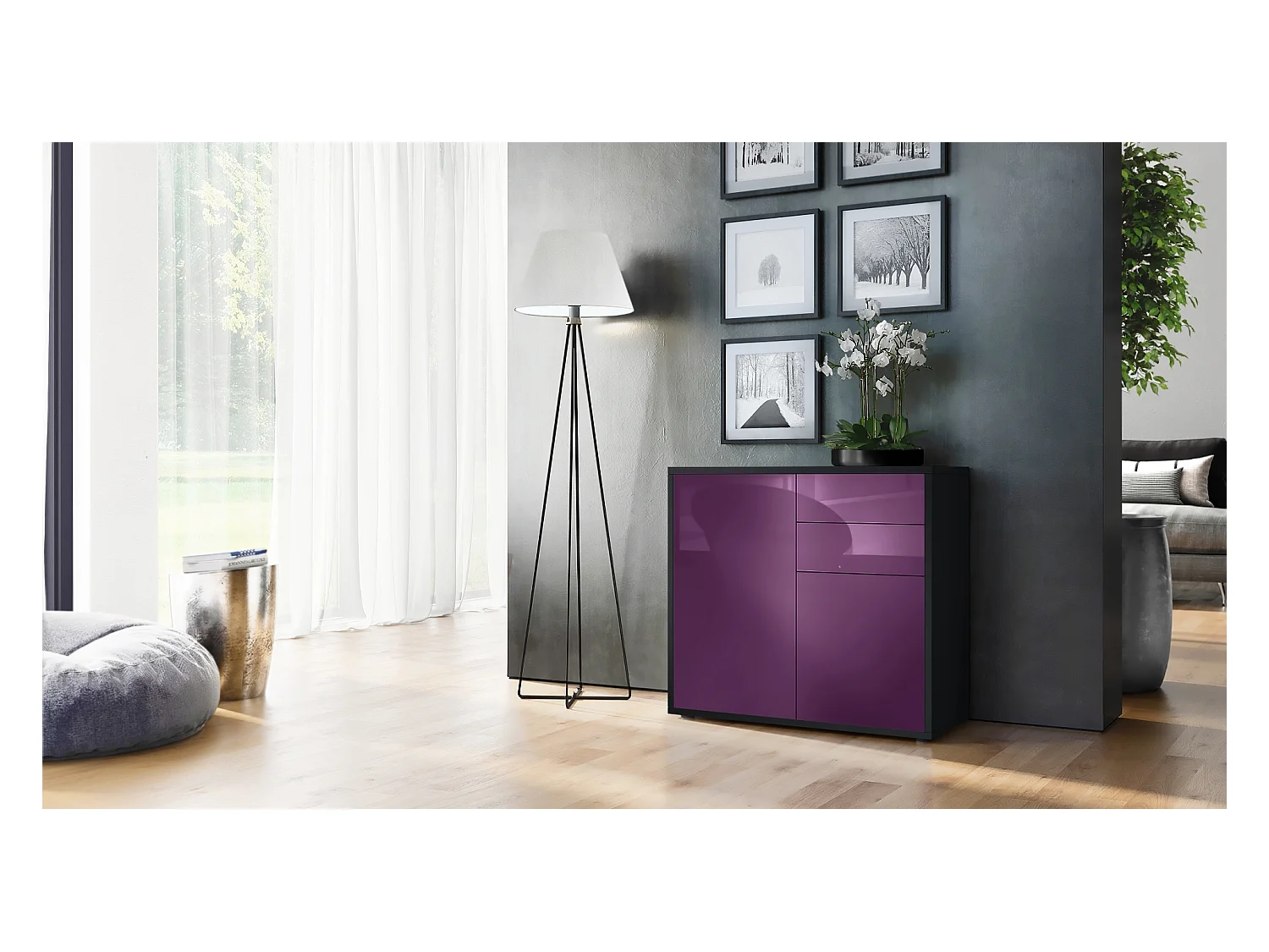 Buffet Ben, Commode avec 2 portes et 2 tiroirs, Noir mat/Mûre haute brillance (79 x 74 x 36 cm)