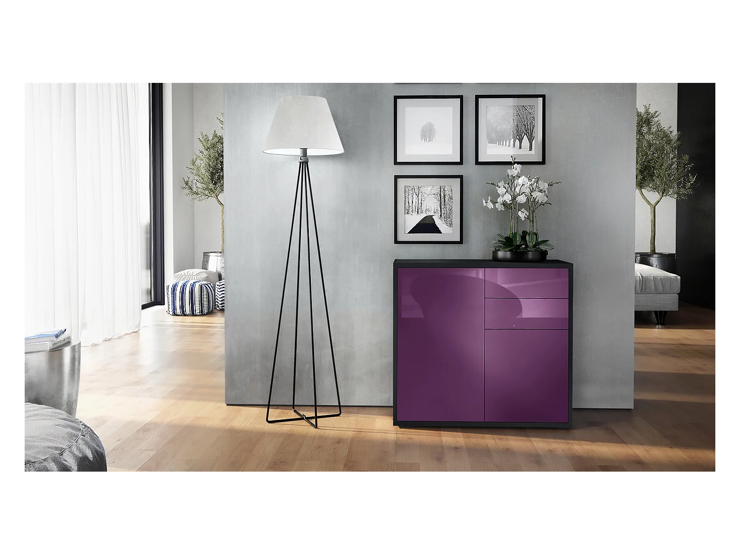 Buffet Ben, Commode avec 2 portes et 2 tiroirs, Noir mat/Mûre haute brillance (79 x 74 x 36 cm)