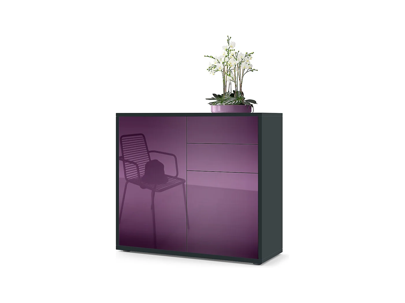 Buffet Ben, Commode avec 2 portes et 2 tiroirs, Noir mat/Mûre haute brillance (79 x 74 x 36 cm)