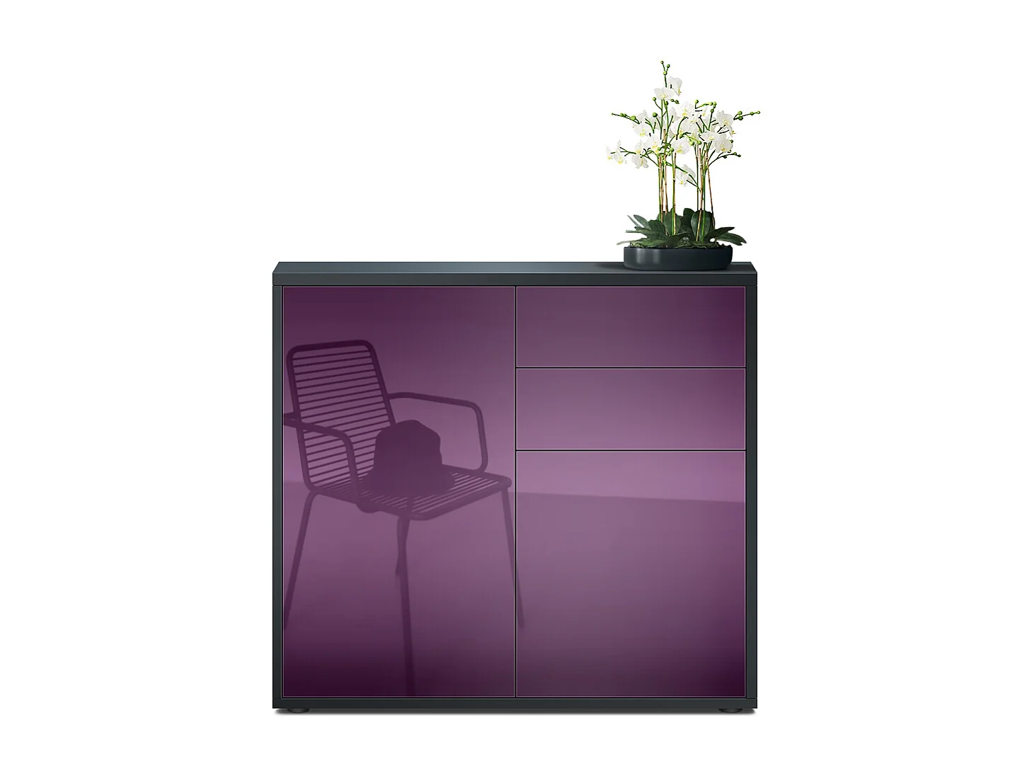 Madia  Ben, mobile con 2 ante e 2 cassetti, nero opaco/violetto-porpora (79 x 74 x 36 cm)