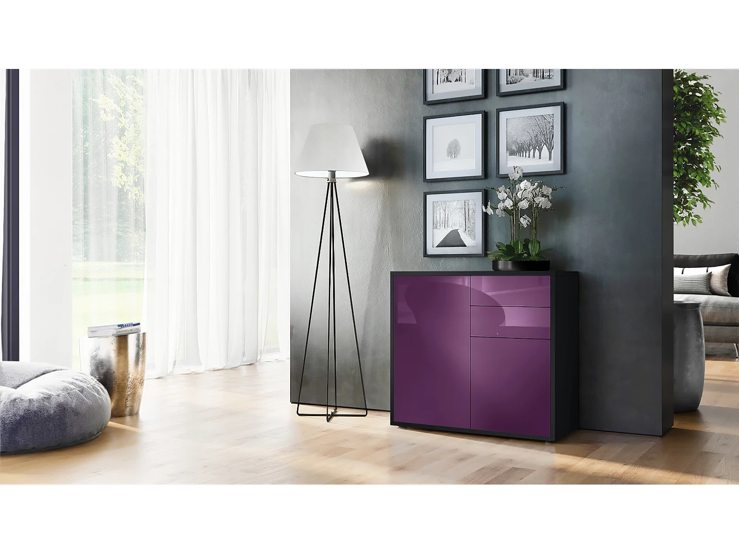 Madia  Ben, mobile con 2 ante e 2 cassetti, nero opaco/violetto-porpora (79 x 74 x 36 cm)