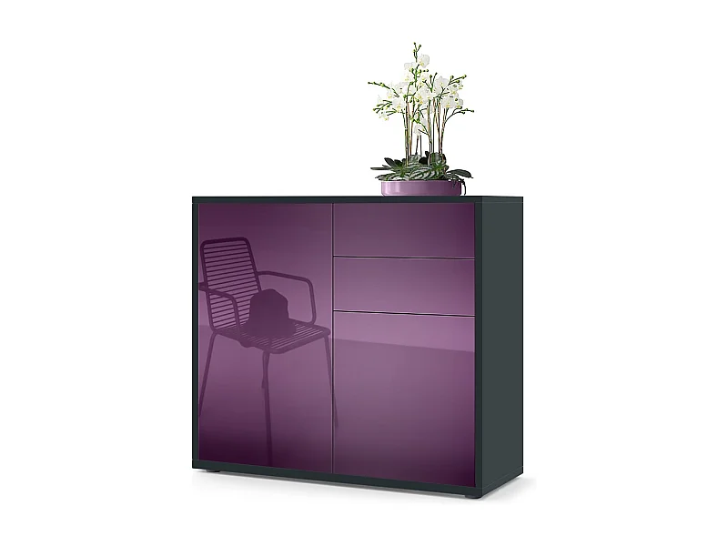 Buffet Ben, Commode avec 2 portes et 2 tiroirs, Noir mat/Mûre haute brillance (79 x 74 x 36 cm)